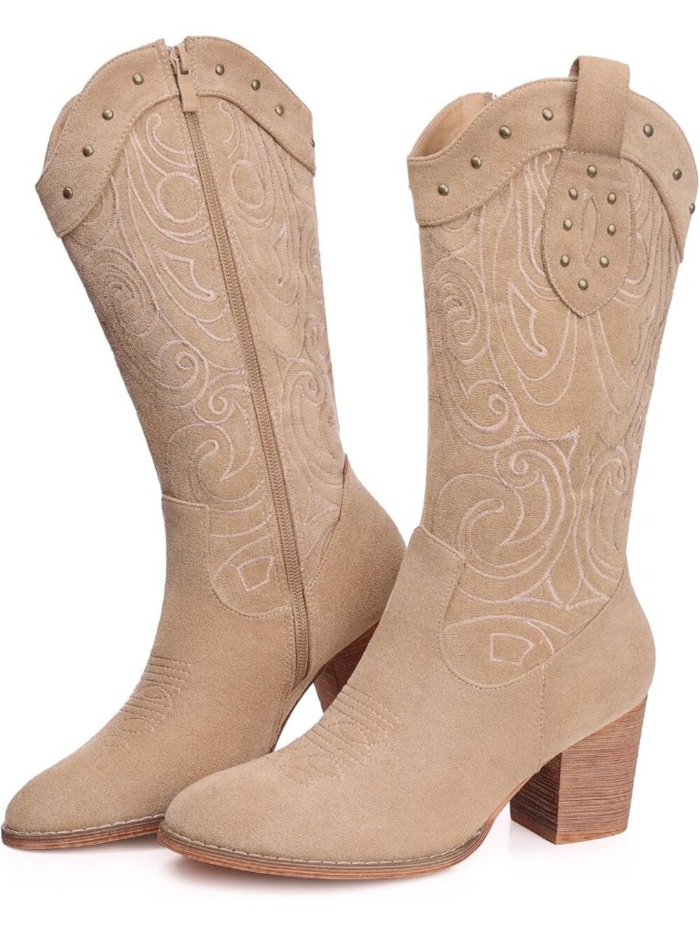 Women's Apricot Wide Calf Western Pointed Toe Chunky Heel Suede Embroidered - Picture 6 of 6